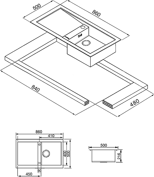 Technical image of Smeg Sinks 1.0 Bowl Low Profile Stainless Steel Sink, Left Hand Drainer.