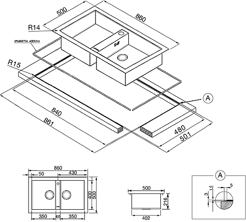 Technical image of Smeg Sinks 2.0 Bowl Stainless Steel Flush Fit Kitchen Sink.