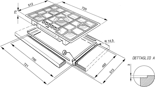 Technical image of Smeg Gas Hobs Linear Flush Fit 5 Burner Gas Hob. 720mm.