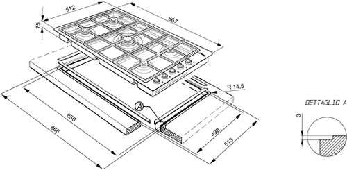 Technical image of Smeg Gas Hobs Linear Low Profile 5 Burner Gas Hob. 900mm.