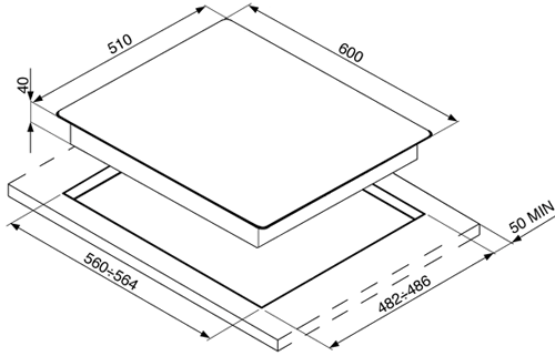 Technical image of Smeg Gas Hobs Linea 4 Burner Gas Hob. 60cm (Black Glass).