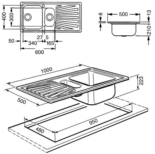 Technical image of Smeg Sinks 1.5 Bowl Stainless Steel Kitchen Sink With Right Hand Drainer.