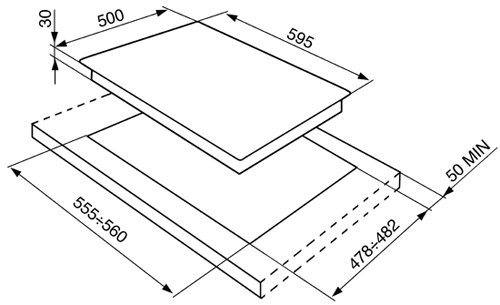 Technical image of Smeg Gas Hobs Cucina 4 burner Gas Hob (Stainless Steel). Size 60cm.