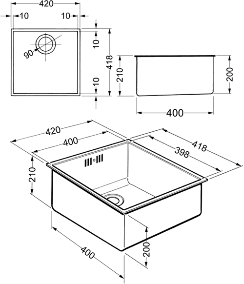 Technical image of Smeg Sinks 1.0 Bowl Stainless Steel Undermount Kitchen Sink. 400x400mm.