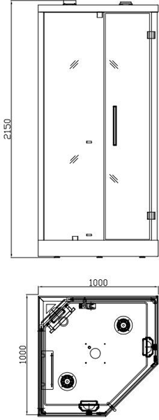 Technical image of Hydra Corner Steam Shower & Sauna Cubicle (Bamboo). 1000x1000mm.