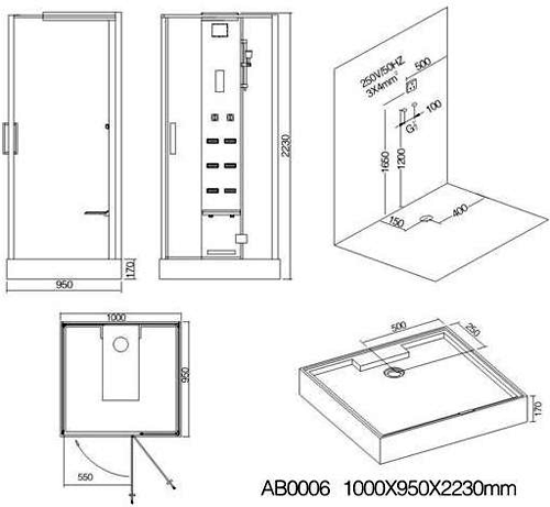 Technical image of Hydra Rectangular Steam Shower Enclosure With LED Lighting. 1000x950mm.