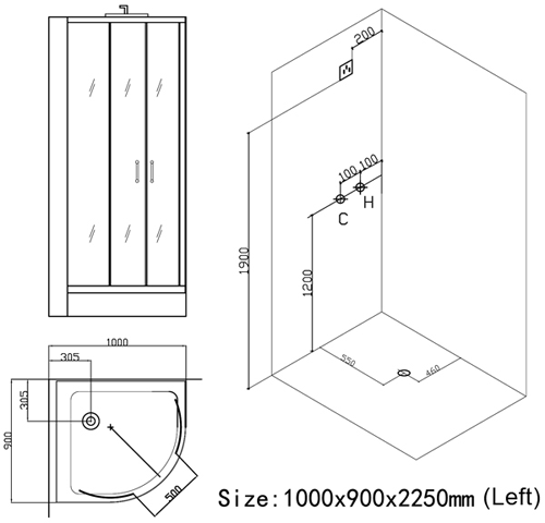 Technical image of Hydra Steam Shower Enclosure (Black, Teak, Left Handed). 1000x900.