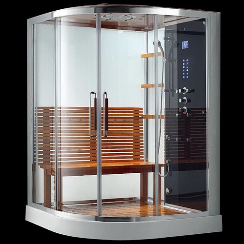 Larger image of Hydra Corner Steam Shower Enclosure (Oak Trim). 1500x1500mm.