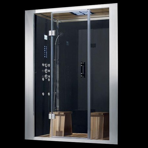 Larger image of Hydra Inset Steam Shower Enclosure (Teak, Hinged Door). 1500x1030.