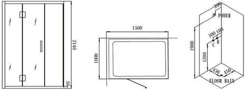 Technical image of Hydra Steam Shower Enclosure For Wetrooms (Oak, Left Hand). 1500x1000