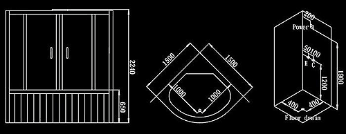 Technical image of Hydra Corner Steam Shower Bath With Enclosure. 1500x1500.