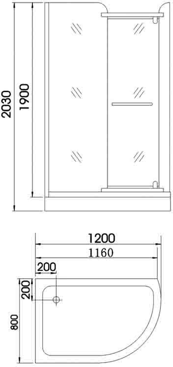 Technical image of Hydra Pro 1200x800 Right hand offset quadrant enclosure with shower tray.