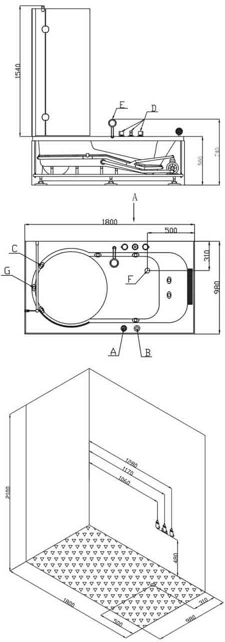 Technical image of Hydra Pro Complete Shower Bath (Right Hand). 1800mm. 6 Jet whirlpool.