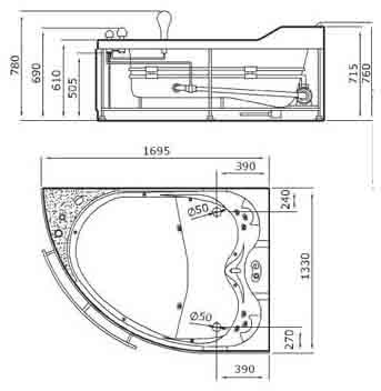 Technical image of Hydra Pro Whirlpool Bath for 2 Persons.  Right Hand. 1695x1330mm.