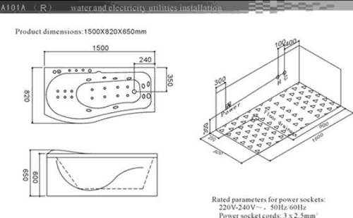 Technical image of Hydra P Shaped Whirlpool Bath With Bath Panels. 1500x820 (Right Handed).