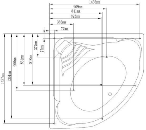 Technical image of Hydra Corner Whirlpool Bath With Panel. 1520x1520x600mm.