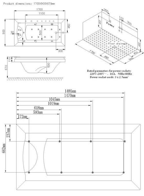 Technical image of Hydra Sunken Whirlpool Bath With TV & Oak Surround. 1700x900.