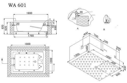 Technical image of Hydra Large Sunken Whirlpool Bath With TV (White). 1800x1200mm.