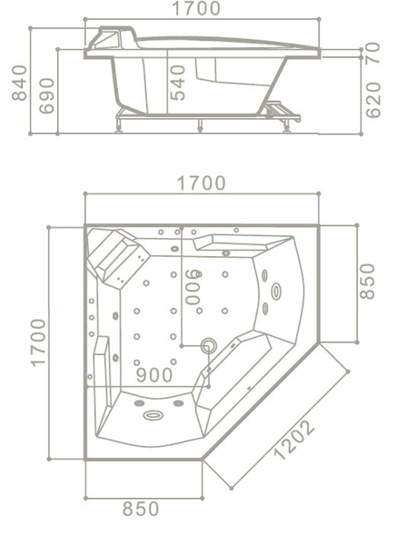 Technical image of Hydra Large Corner Sunken Whirlpool Bath With TV. 1700x1700mm.