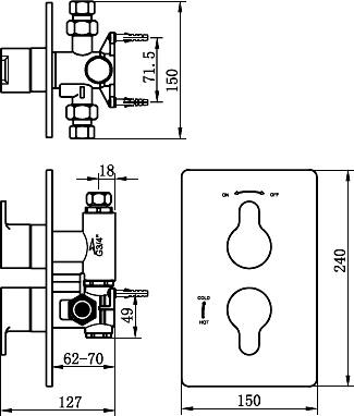 Technical image of Tre Mercati Ora Thermostatic Twin Shower Valve (Chrome).