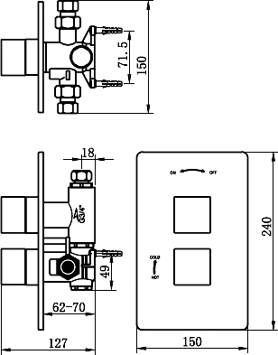 Technical image of Tre Mercati Dance Twin Thermostatic Shower Valve With Slide Rail & Wall Outlet.