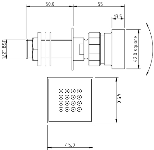 Technical image of Hudson Reed Tec Triple Thermostatic Shower Valve, 12" Shower Head & Jets.