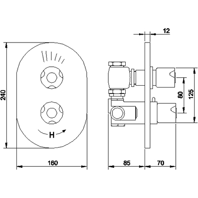 Technical image of Ultra Scope Twin concealed thermostatic shower valve