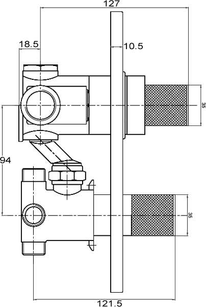 Technical image of Ultra Ecco 3/4" Twin Concealed Shower Valve With Diverter.