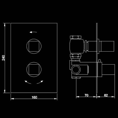 Technical image of Hudson Reed Kubix Twin Concealed Thermostatic Shower Valve (Chrome).