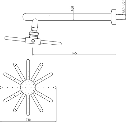 Technical image of Hudson Reed Kubix Twin Concealed Thermostatic Shower Valve & Fixed Head.