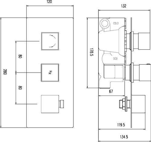 Technical image of Hudson Reed Kubix 3/4" Twin Thermostatic Shower Valve With Diverter & Outlet.