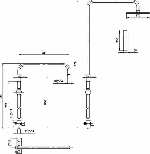 Technical image of Hudson Reed Showers Pro II Rigid Riser Kit With Diverter (Chrome).