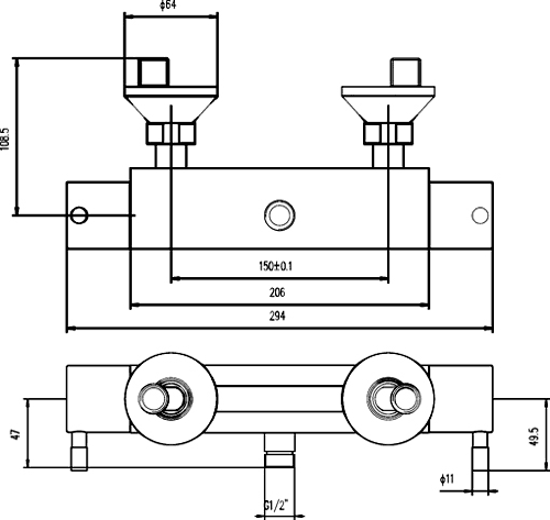 Technical image of Hudson Reed Bar Showers Thermostatic Bar Valve & Slide Rail Kit.