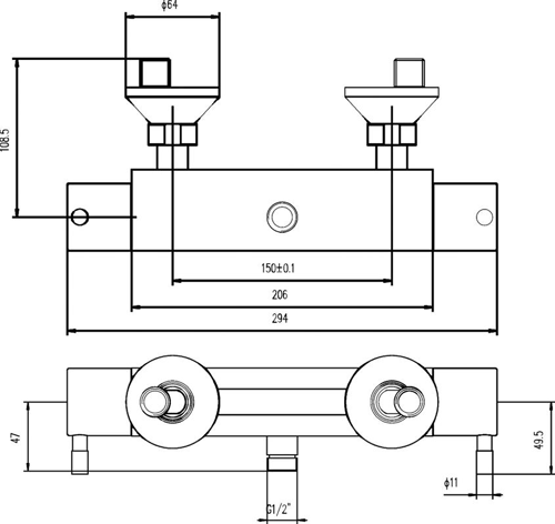 Technical image of Ultra Showers TMV2 Thermostatic Bar Shower Valve (Top Outlet).