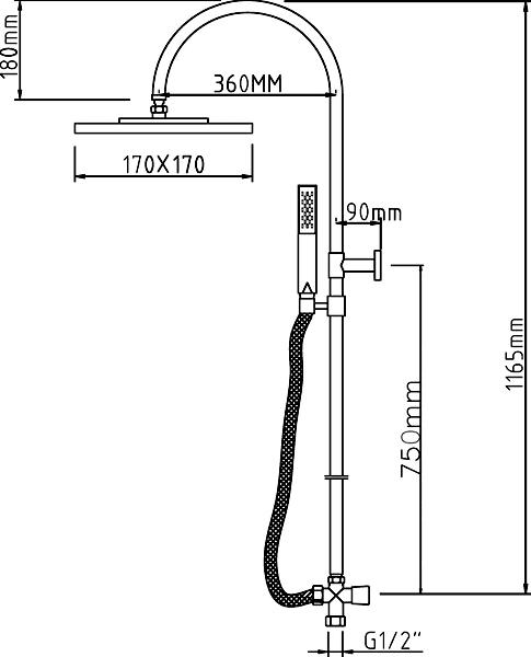 Technical image of Hudson Reed Bar Shower Thermostatic Bar Shower Valve & Vitality Riser Set.