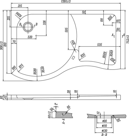 Technical image of Nuie Enclosures Walk In Shower Enclosure & Tray (Left Handed, 1395x906).