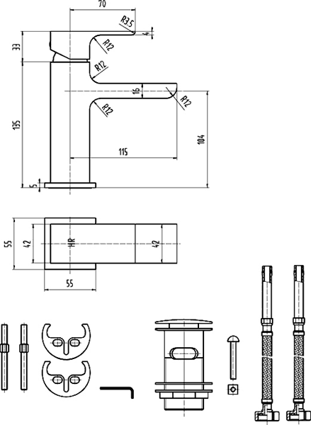 Technical image of Hudson Reed Art Waterfall Mono Basin Mixer Tap & Push Button Waste.