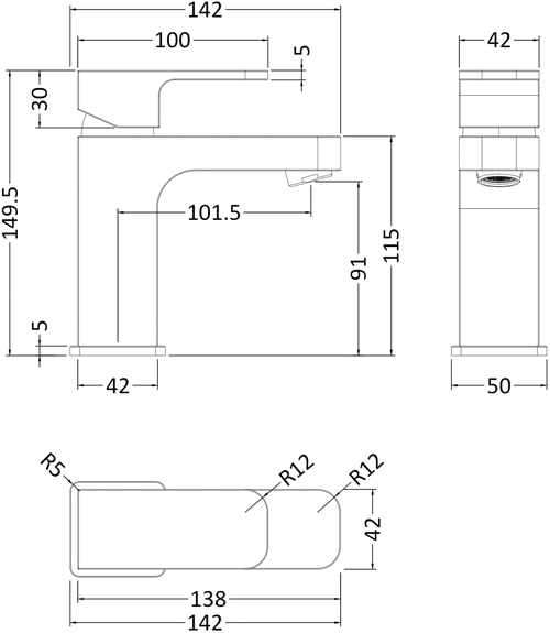 Technical image of HR Astra Basin Mixer Tap With Lever Handle (Chrome).