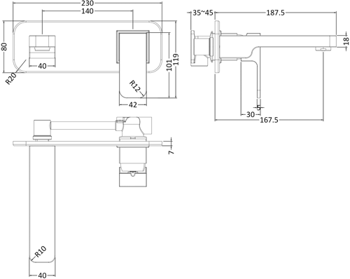 Technical image of HR Astra Wall Mounted Basin Mixer Tap With Lever Handle (Chrome).