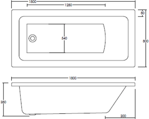 Technical image of Ultra Baths Beacon Single Ended Acrylic Bath. 800x1800mm (4mm).