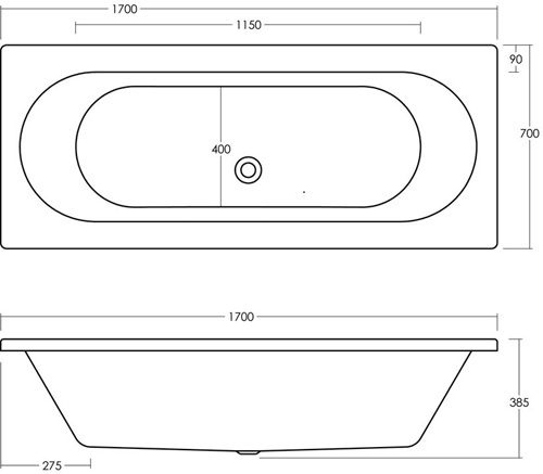 Technical image of Ultra Baths Coast Double Ended Eternalite Acrylic Bath. 700x1700mm.