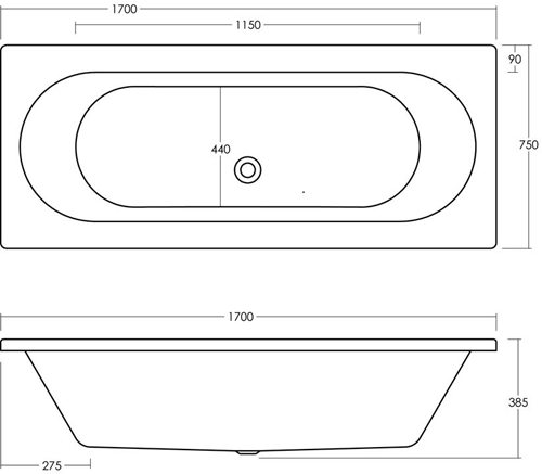 Technical image of Ultra Baths Coast Double Ended Acrylic Bath. 750x1700mm (4mm).