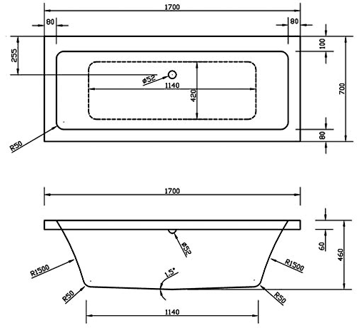 Technical image of Hudson Reed Baths Double Ended Acrylic Bath & White Panels. 1700x700mm