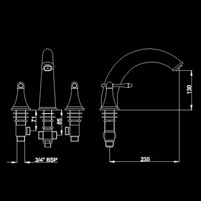 Technical image of Hudson Reed Lowry 3 tap hole bath filler with lever heads