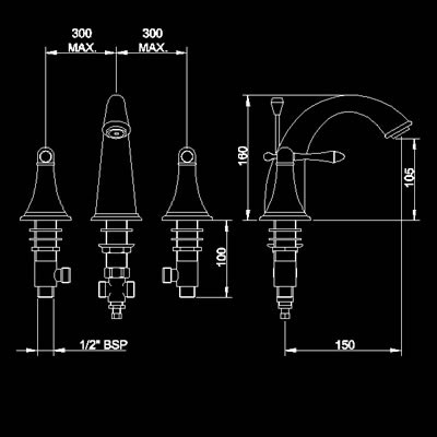 Technical image of Hudson Reed Lowry 3 tap hole basin mixer with lever heads + free pop up waste