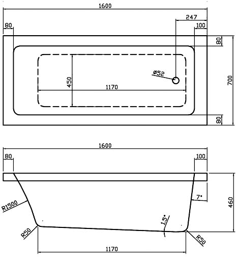 Technical image of Hudson Reed Baths Single Ended Acrylic Bath & White Panels. 1600x700mm