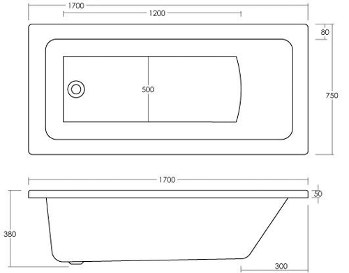 Technical image of Hudson Reed Baths Mono Square Single Ended Bath With Panels. 1700x750mm.