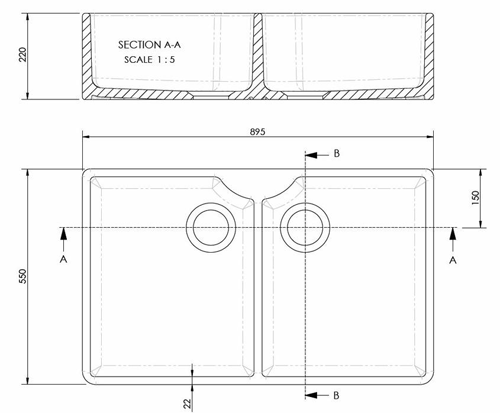 Technical image of Ultra Butler Sinks Bandon Double Butler Sink 220x895x550mm (1 Hole).