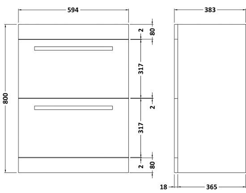 Technical image of Ultra Design Vanity Unit With Option 2 Basin (Black). 594x800mm.