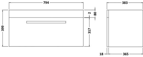 Technical image of Ultra Design Wall Hung Vanity Unit With Option 1 Basin (Black). 794x399mm.